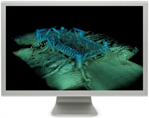 Monitor with 3d image of blue structure